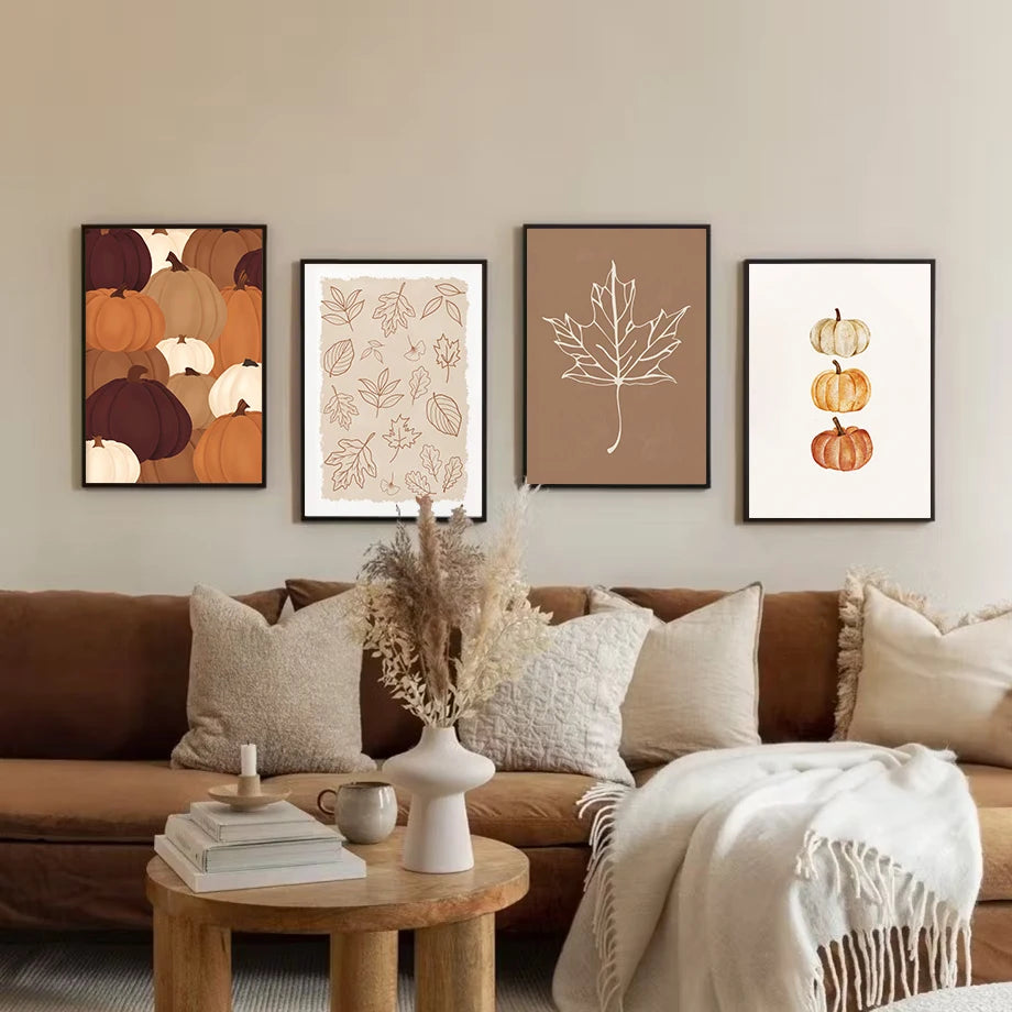 Rustic Fall Poster Set – Minimalist Autumn Leaves & Pumpkin Canvas Wall Art for Seasonal Home Decor