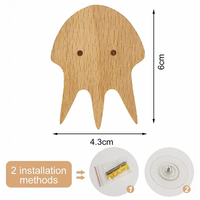 Cute Wooden Animal Wood Wall Hook – Beech Wood Decorative Hanger for Kids Rooms, Entryways, Kitchens & More (1pc)  Giraffe Rabbit Hippo Cat Octopus Lion Cat Dog Elephant Dog Nursery Turtle Mountain Squid Jellyfish 