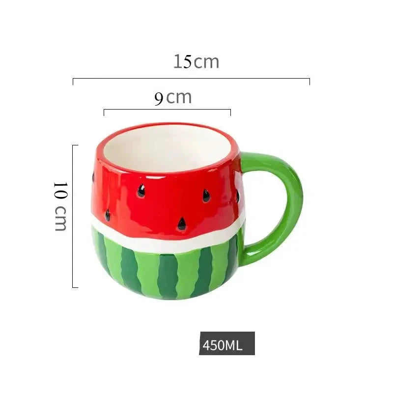 Watermelon-themed mug with dimensions on a white background Creative watermelon ceramic mug, kawaii coffee and milk cup with hand-painted design, 500ml porcelain drinkware for kitchen decor