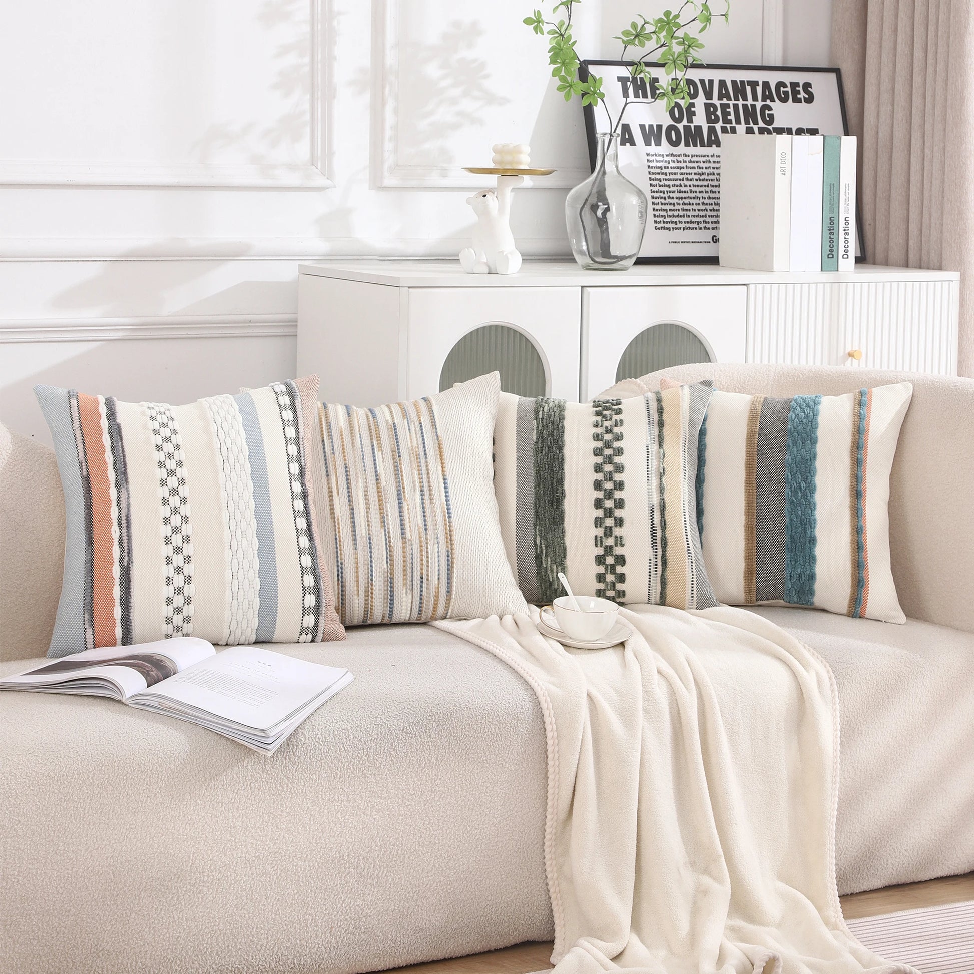 Boho Striped Chenille Throw Pillow Cover – Decorative Square Cushion for Cozy Home Accents