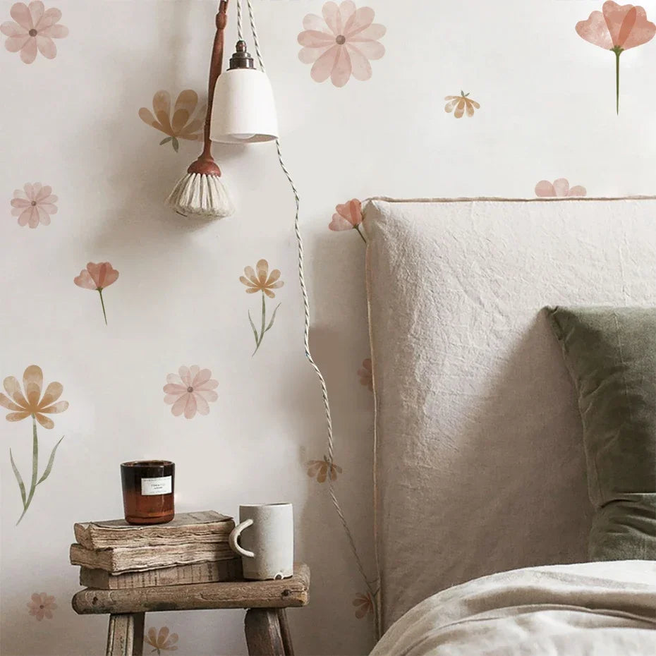 Boho Floral Leaf Wall Stickers – Removable 3D Vinyl Decals for Kids' Nursery & Home Decor - Neutral Flowers
