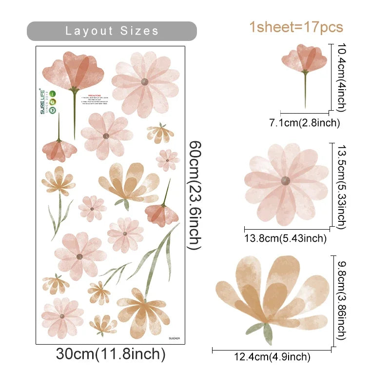 Boho Floral Leaf Wall Stickers – Removable 3D Vinyl Decals for Kids' Nursery & Home Decor - Neutral Flowers