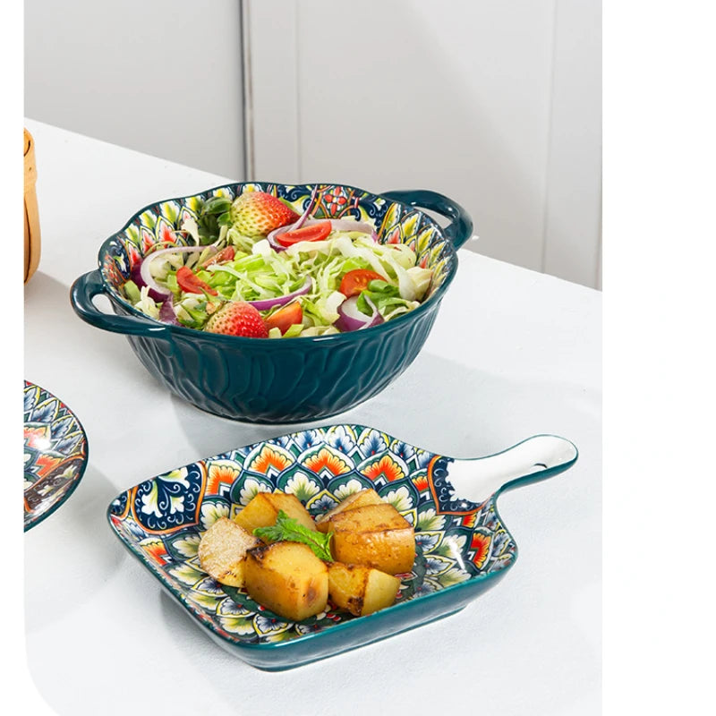 Boho Floral Green Ceramic Plate or Bowl – Retro Dinnerware for Breakfast, Salad, or Soup