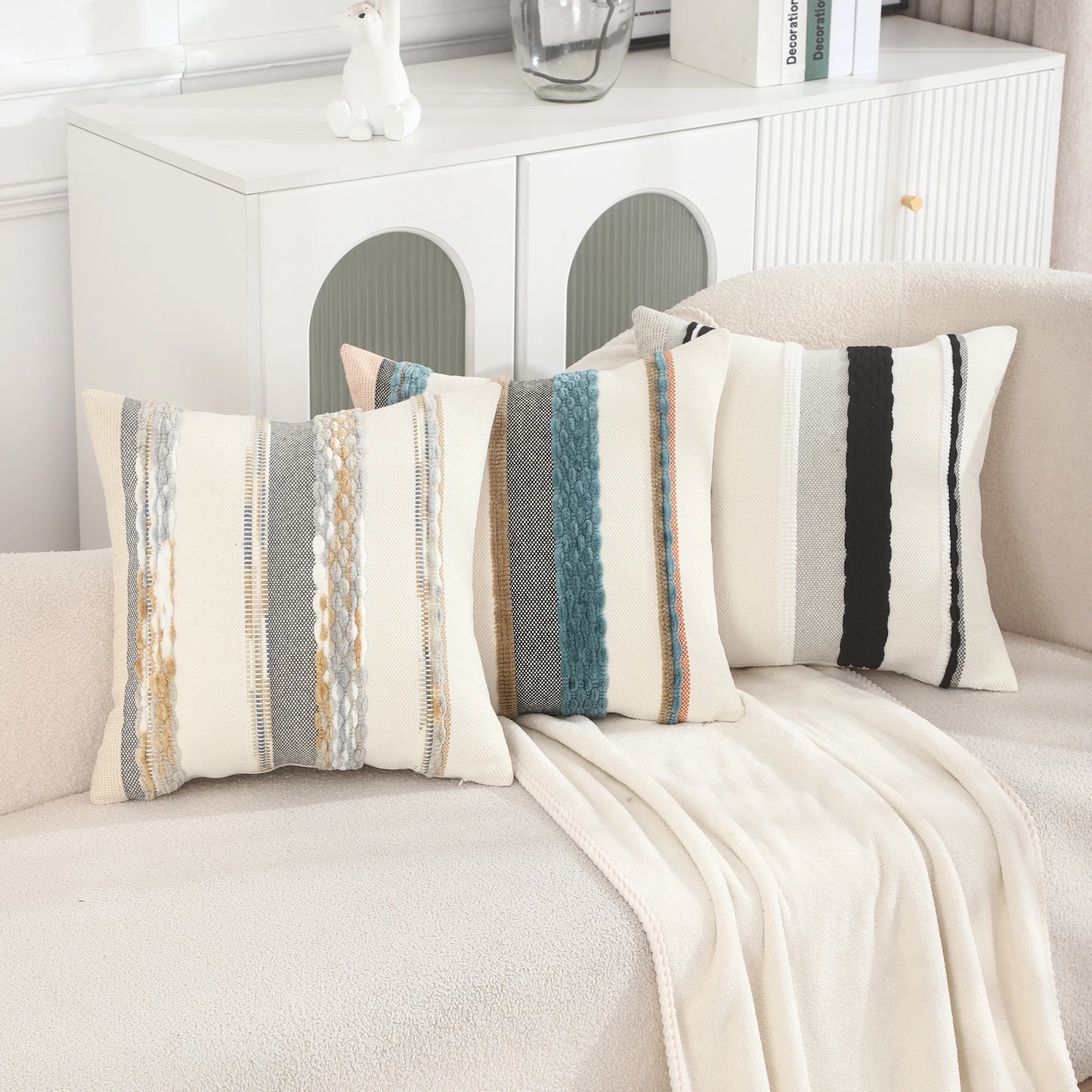 Boho Striped Chenille Throw Pillow Cover – Decorative Square Cushion for Cozy Home Accents