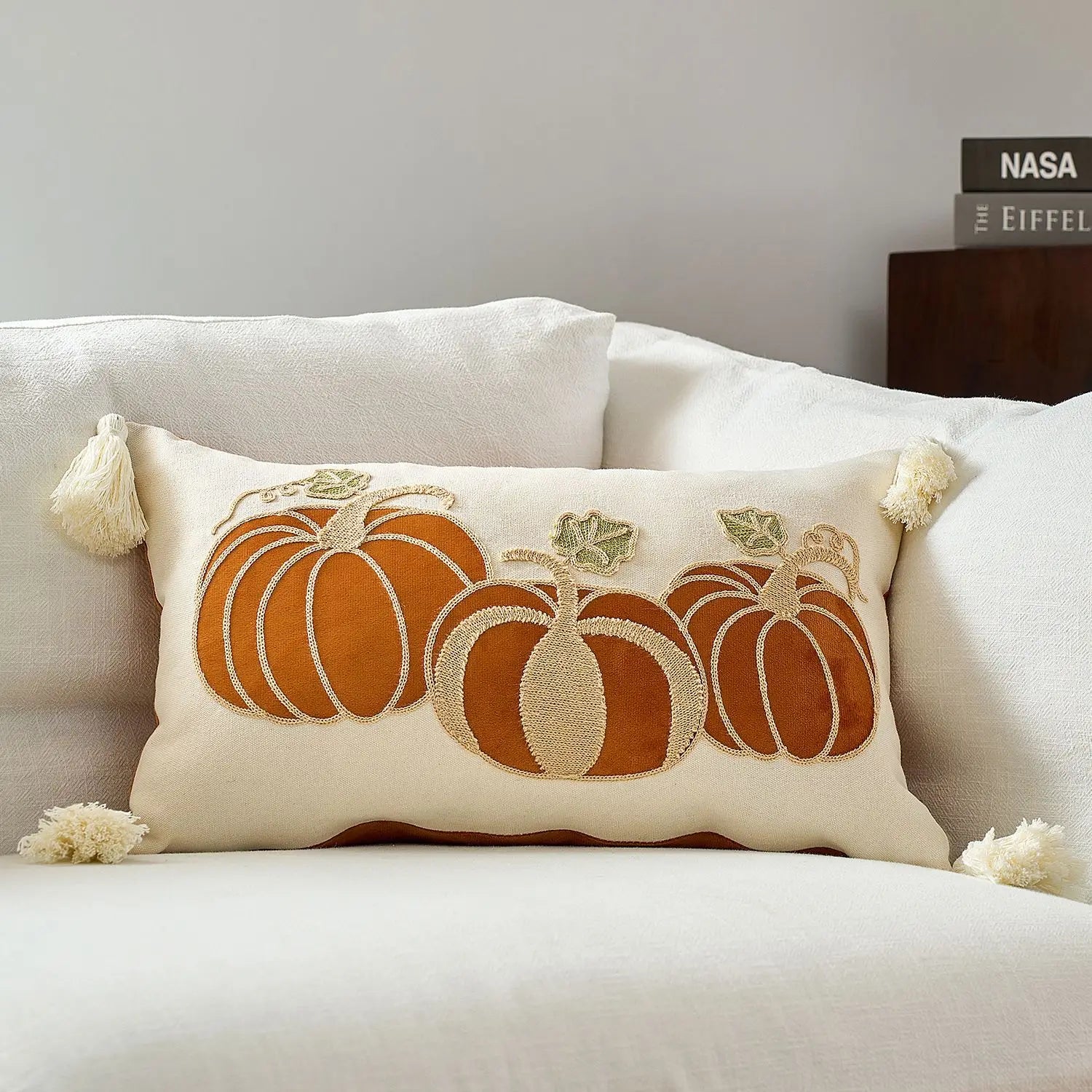 Halloween maple pumpkin throw pillow cover with festive lettering, autumn-themed decorative cushion for sofa, bed, and seasonal home decor