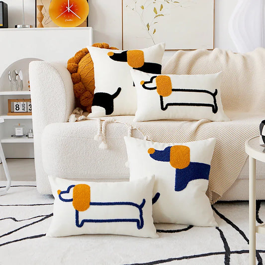 Modern Embroidered Dog Pillow Cover – Cute Animal Cushion Case for Sofa or Bed | Boho Home Decor - Housewarming Gift for Dog Lover