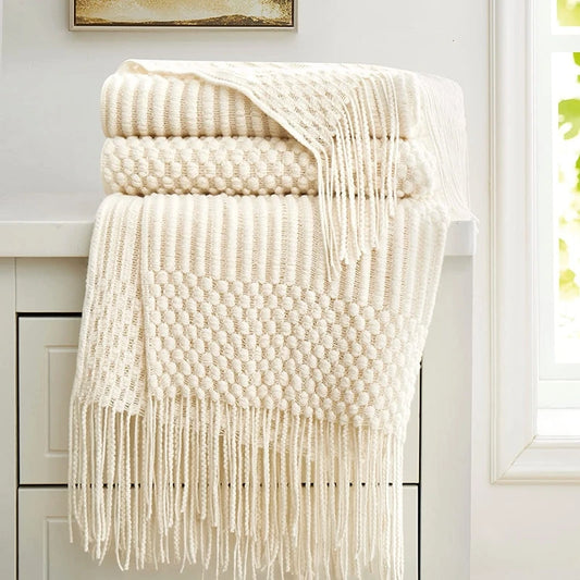 Soft Knit Boho Throw Blanket – Lightweight Acrylic Travel & Home Decor Accent with Fringe