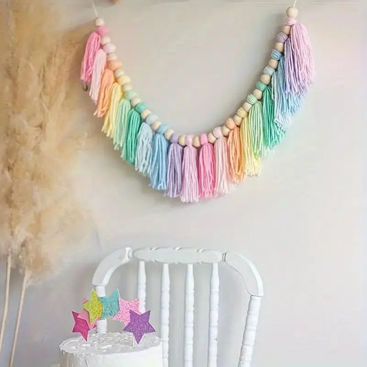 Boho Rainbow Tassel Garland with Wooden Beads
