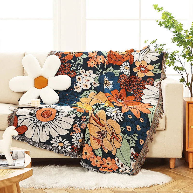 Boho Tassel Throw Blanket Flowers
