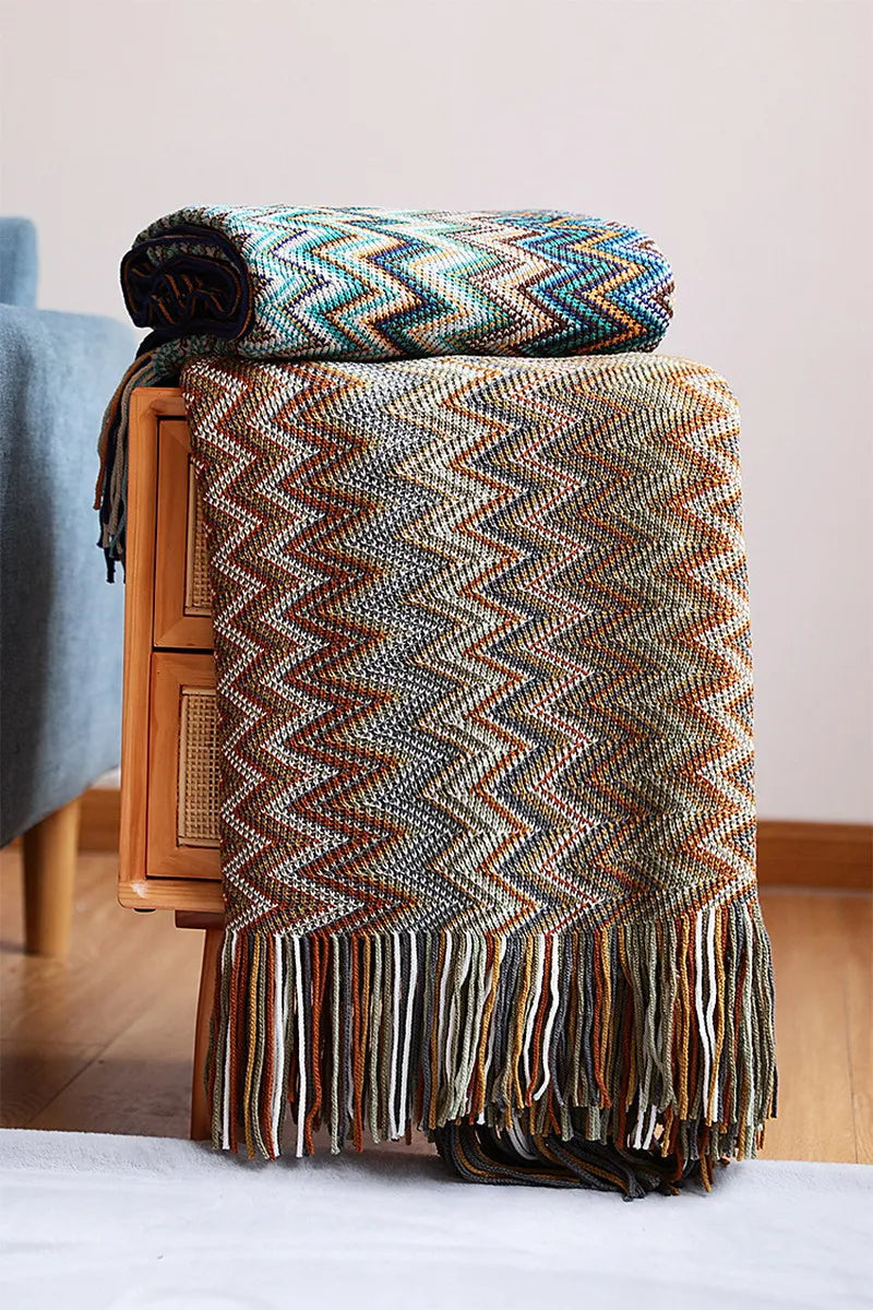 My Boho Home throw blanket with tassels, featuring zig zag stripes and a woven texture—perfect for cozy home decor