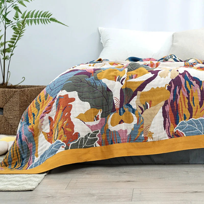 100% Cotton Muslin Throw – Soft, Lightweight & Boho-Chic Blanket - Orange & Purple Shapes
