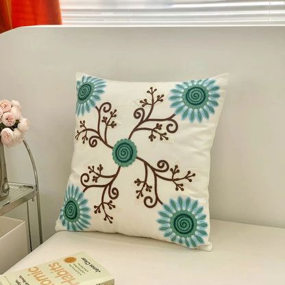 Flower Embroidered Plush Throw Pillow Cover – Minimalist Boho Cushion for Sofa, Bed, or Chair | 18x18 Inch | Garden-Inspired Housewarming Gift
