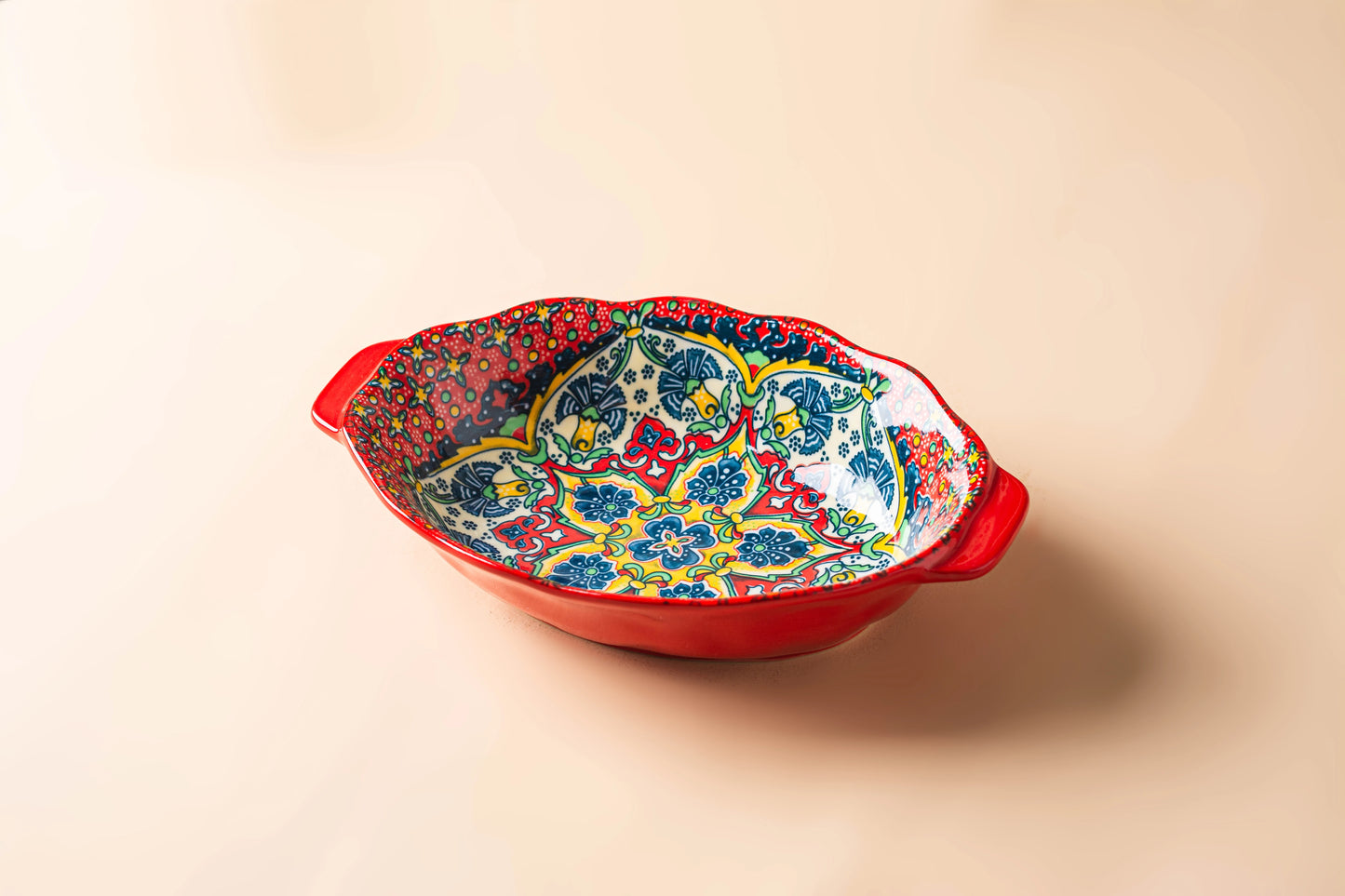 Bohemian Egg-Shaped Ceramic Baking Plate – 9" Colorful Oval Pasta, Salad & Fruit Dish