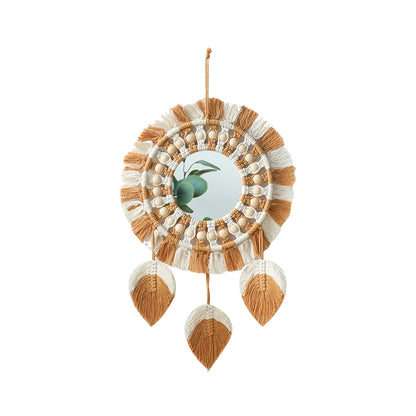 Boho Leaf Macrame Wall Mirror – Round Decorative Mirror with Fringe for Boho Home Decor