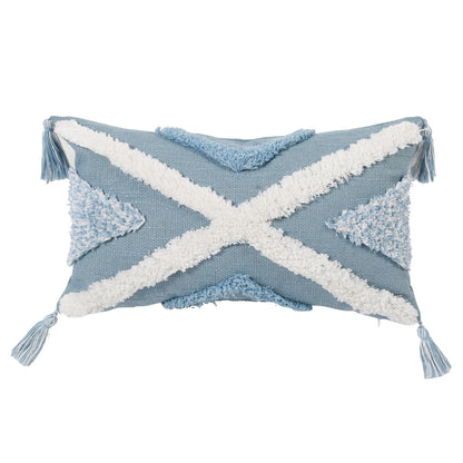 Blue Geometric Tufted Pillow Cover with Tassels – Boho Home Decor Housewarming Gift Accent for Couch, Bed & Living Room