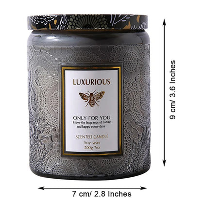 Scented candle with decorative label and dimensions indicated