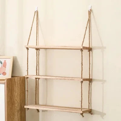 Wooden Floating Shelves for Wall Plants Flower Wood Rope Swing Hanging Storage Home Living Room Decor One Two and Three Tier Shelf