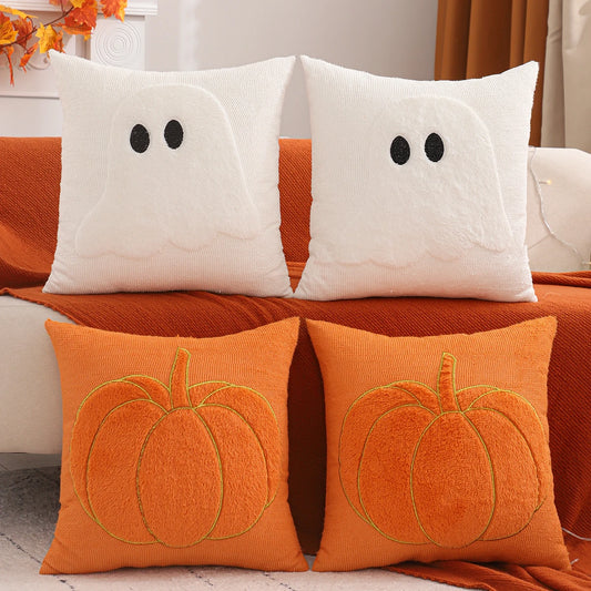 Halloween Pumpkin Ghost Quilted Plush Pillow Cover – Cozy Autumn Throw Cushion for Sofa, Bed & Seasonal Decor