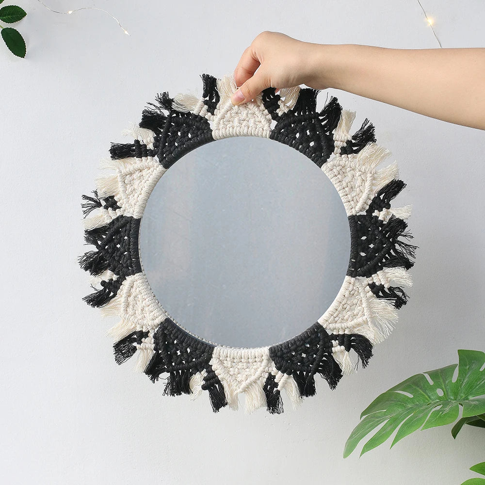 Boho Macrame Round Wall Mirror – Decorative Hanging Mirror for Bedroom & Living Room - Natural Knotted Sun