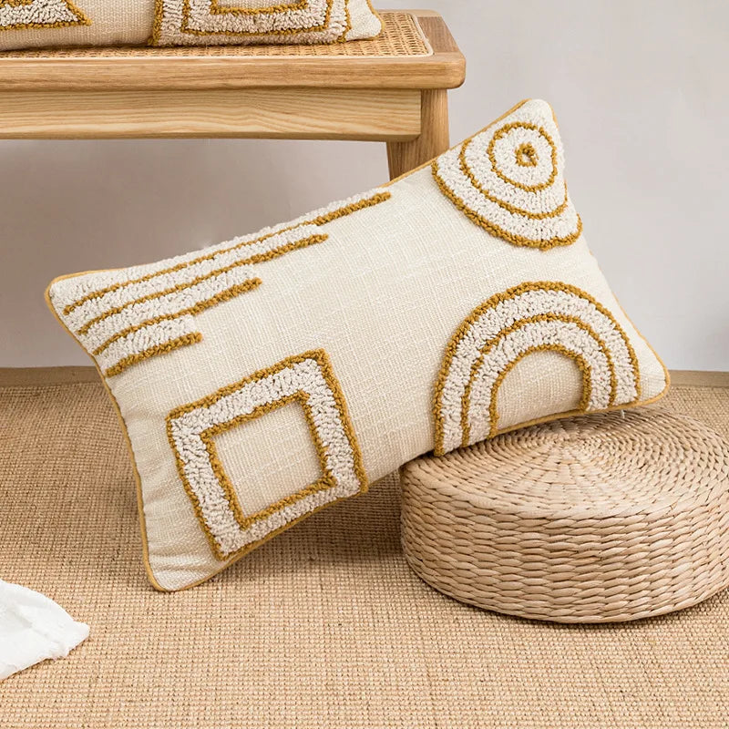 Decorative pillow with geometric patterns on a woven surface Nordic blue tufted cushion cover with geometric stripe and grid crochet pattern, tassel pillow cover for sofa, bed, and boho home decor