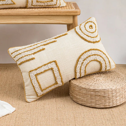 Decorative pillow with geometric patterns on a woven surface Nordic blue tufted cushion cover with geometric stripe and grid crochet pattern, tassel pillow cover for sofa, bed, and boho home decor