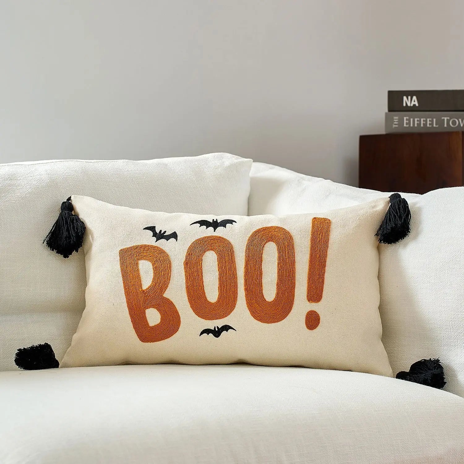 Boo! Halloween maple pumpkin throw pillow cover with festive lettering, autumn-themed decorative cushion for sofa, bed, and seasonal home decor