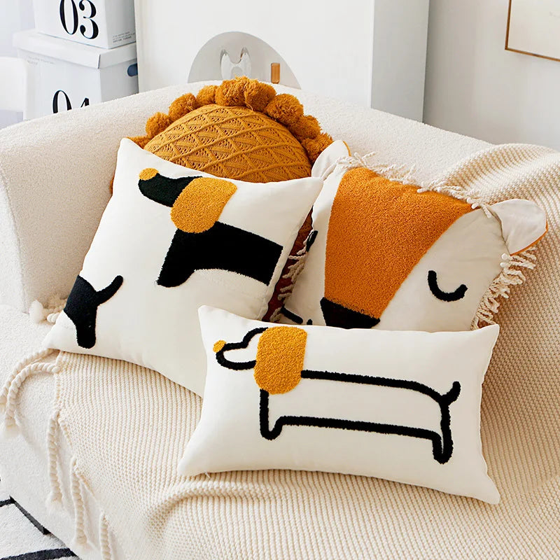 Modern Embroidered Dog Pillow Cover – Cute Animal Cushion Case for Sofa or Bed | Boho Home Decor - Housewarming Gift for Dog Lover