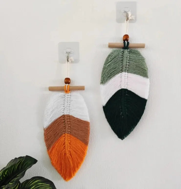 Bohemian Woven Leaf Wall Hanging – Set of 2 Cotton Thread Tapestries
