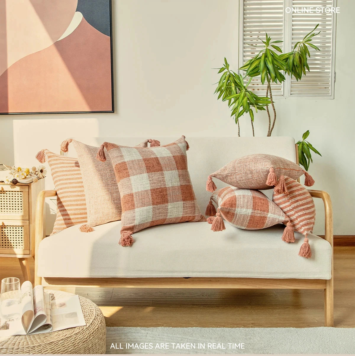 Orange linen tassels cushion cover styled on modern sofa, decorative boho throw pillow for living room, bed, or chair, perfect for cozy home vibes and housewarming gift ideas. Square and Rectangle.