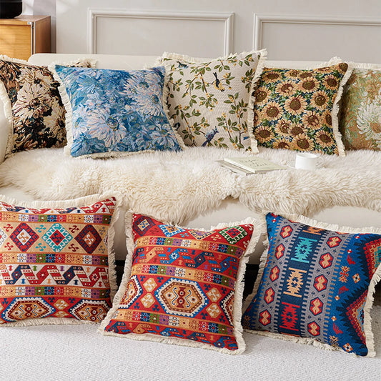 Retro Cotton & Linen Jacquard Throw Pillow Cover – 18" × 18" Vintage-Inspired Accent