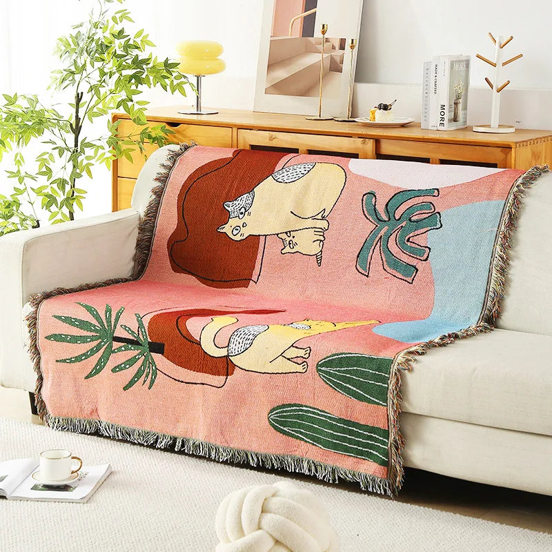 Boho Tassel Throw Blanket Cats