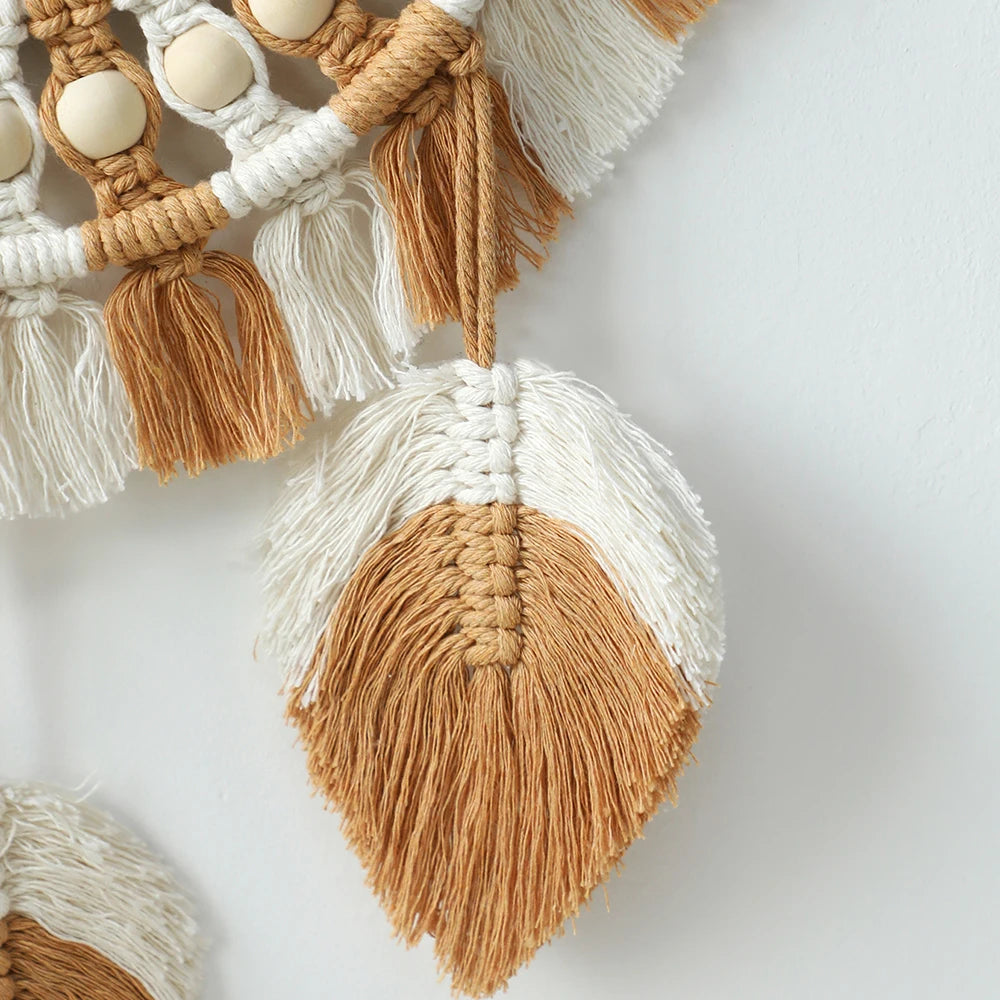 Boho Leaf Macrame Wall Mirror – Round Decorative Mirror with Fringe for Boho Home Decor