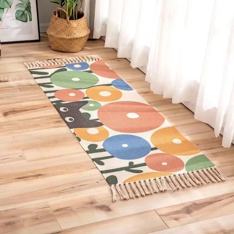 Boho Cotton Woven Cat Flower Geometric Rug – Anti-Slip Floor Mat for Living Room, Bedroom & Entryway