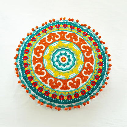 Boho Mandala Round Cushion Cover – Moroccan-Inspired Embroidered Throw Pillow Case for Boho Home Decor