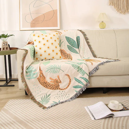 Boho Tassel Throw Blanket Leaves and Cheetahs