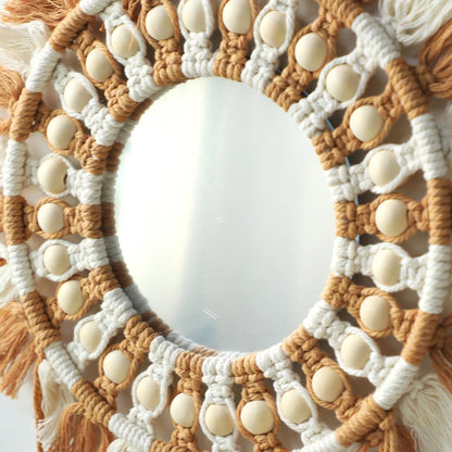 Boho Leaf Macrame Wall Mirror – Round Decorative Mirror with Fringe for Boho Home Decor