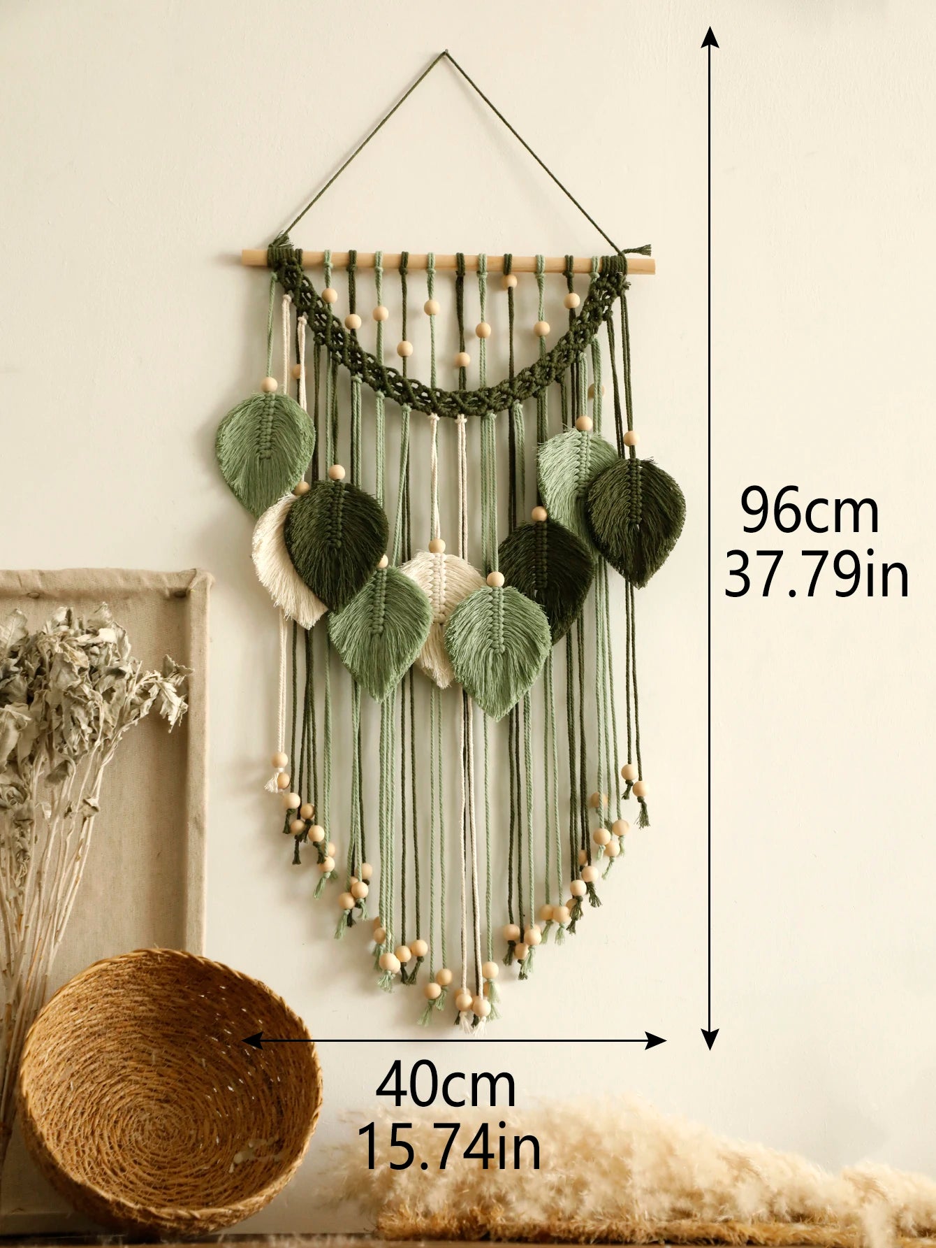 Decorative wall hanging with dimensions labeled on a neutral background