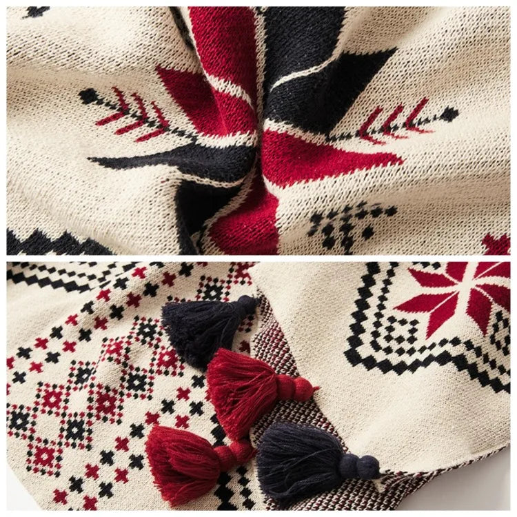 Textile with geometric patterns and tassels on a white background