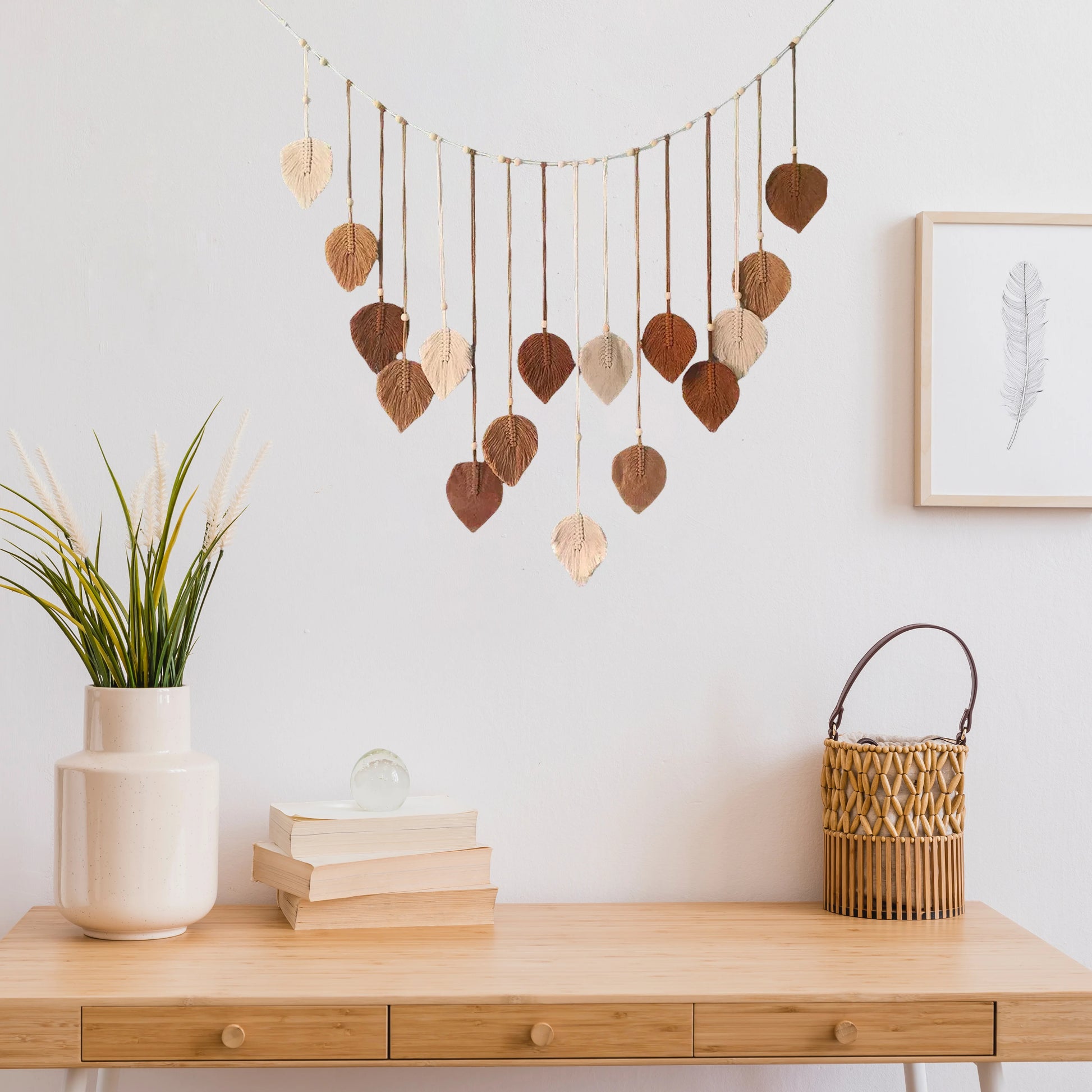 Boho Home Decoration Macrame Tapestry Leaf Feather Wall Hanging Decor for Living Room Bedroom Wall Art
