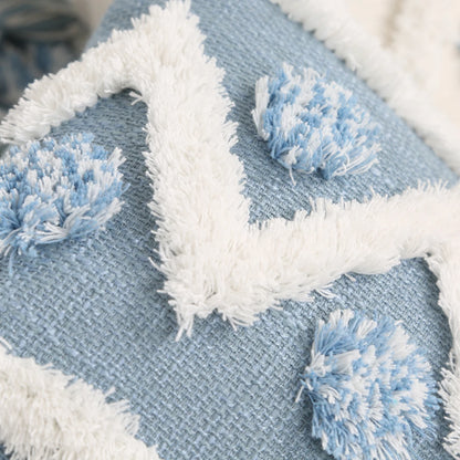 Blue Geometric Tufted Pillow Cover with Tassels – Boho Home Decor Housewarming Gift Accent for Couch, Bed & Living Room