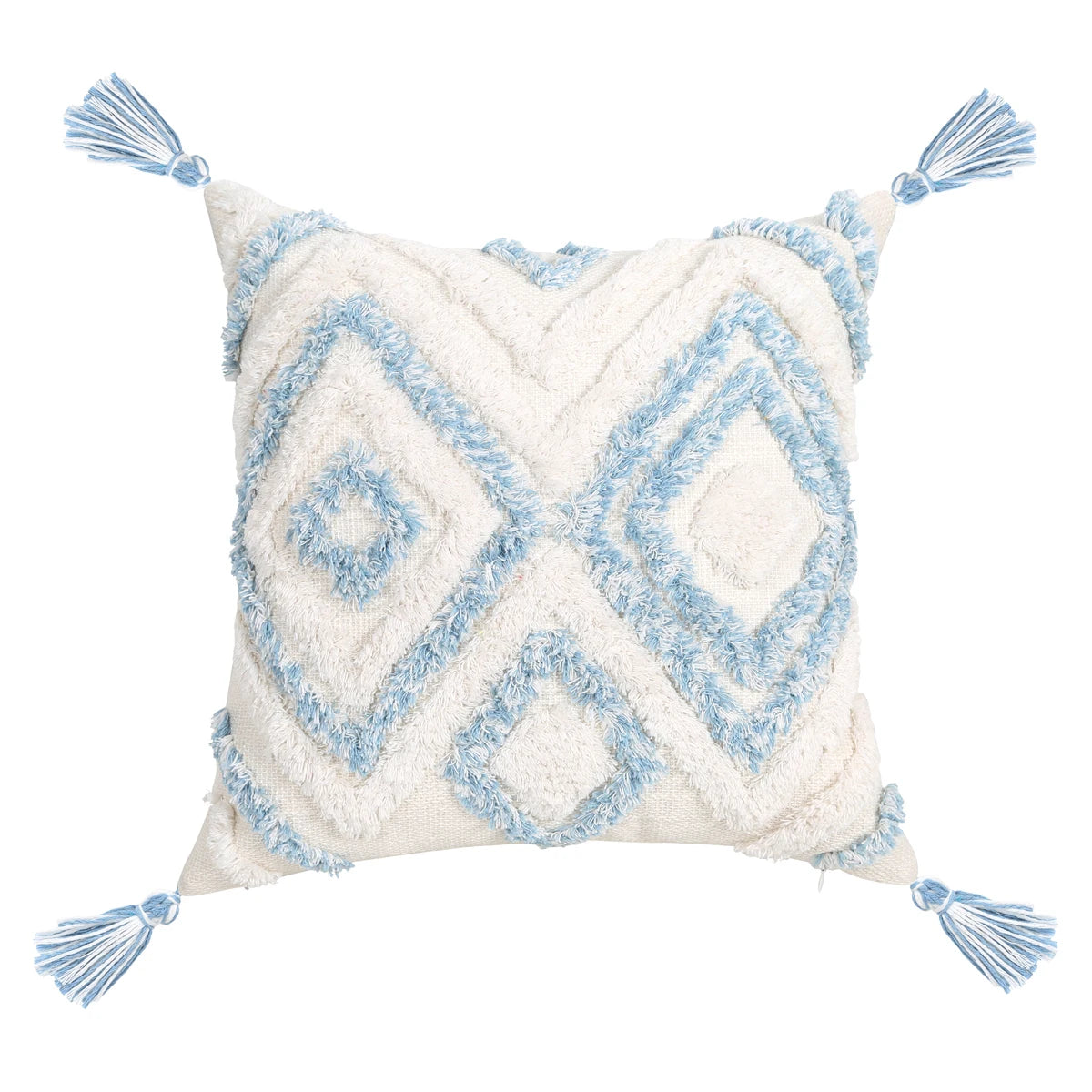 Blue Geometric Tufted Pillow Cover with Tassels – Boho Home Decor Housewarming Gift Accent for Couch, Bed & Living Room