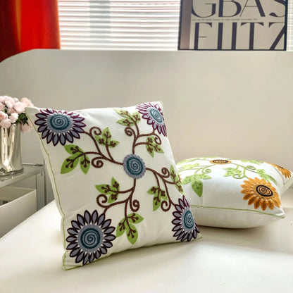 Flower Embroidered Plush Throw Pillow Cover – Minimalist Boho Cushion for Sofa, Bed, or Chair | 18x18 Inch | Garden-Inspired Housewarming Gift