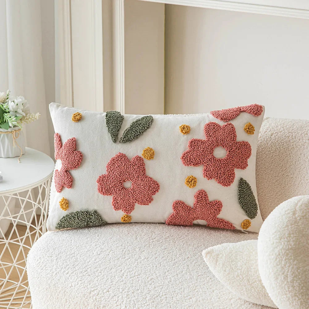 Embroidered Flower Throw Pillow Covers – Boho Cotton Cushion Covers for Bed, Sofa & Home Decor Housewarming Gift for Boho Lover 