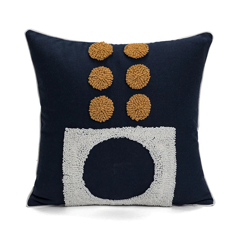 Decorative pillow with geometric pattern on a white background Nordic blue tufted cushion cover with geometric stripe and grid crochet pattern, tassel pillow cover for sofa, bed, and boho home decor