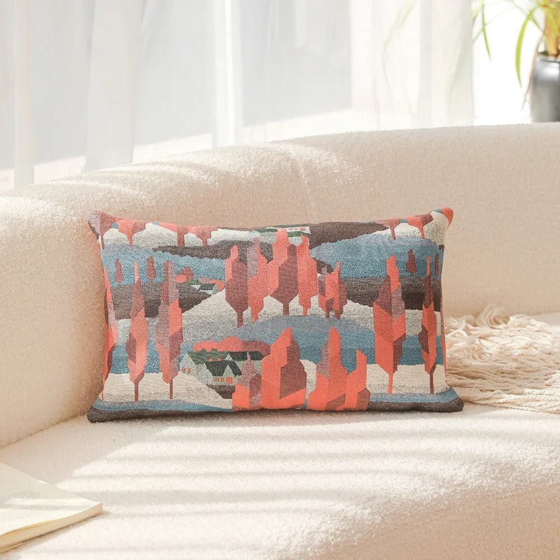 Decorative pillow with geometric pattern on a beige couch. Modern yarn-dyed throw pillow cover, luxury textured decorative cushion for sofa, bed, or window seating in soft neutral tones.