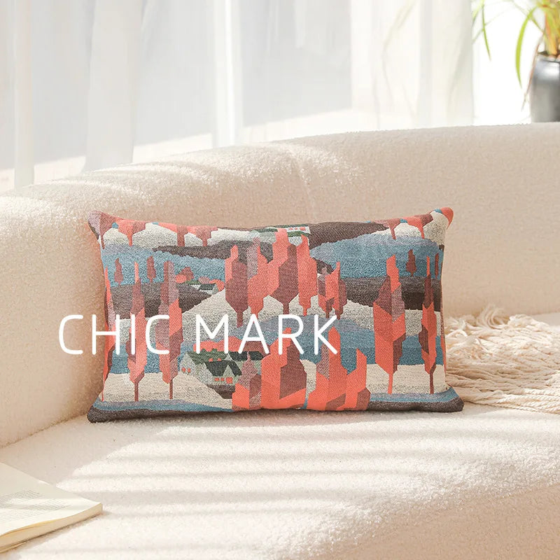Decorative pillow with geometric pattern on a beige couch, featuring the brand 'Chic Mark'. Modern yarn-dyed throw pillow cover, luxury textured decorative cushion for sofa, bed, or window seating in soft neutral tones.