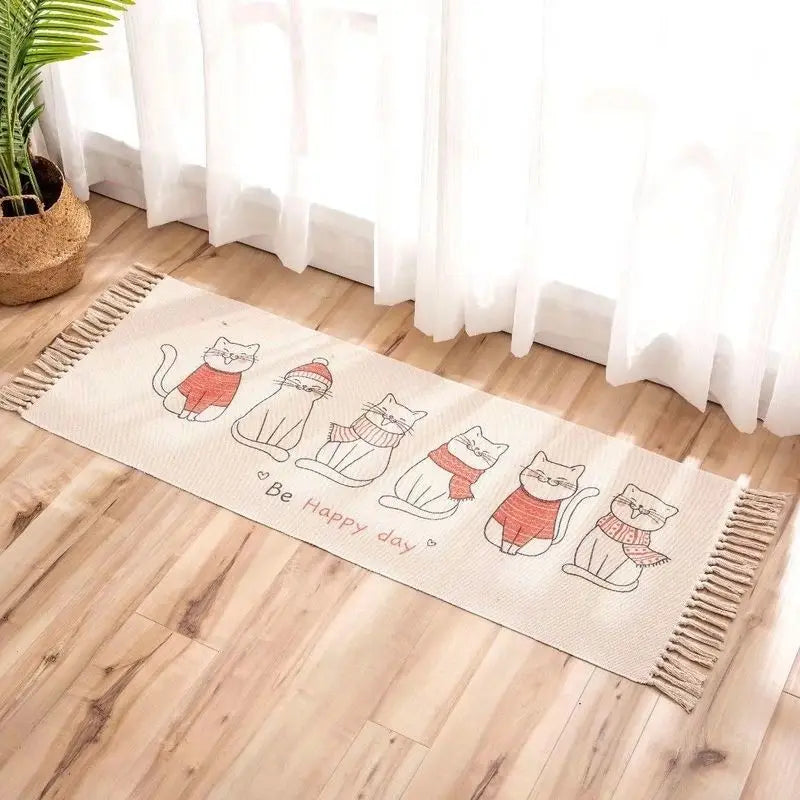 Boho Cotton Woven  Christmas Cat Winter Geometric Rug – Anti-Slip Floor Mat for Living Room, Bedroom & Entryway