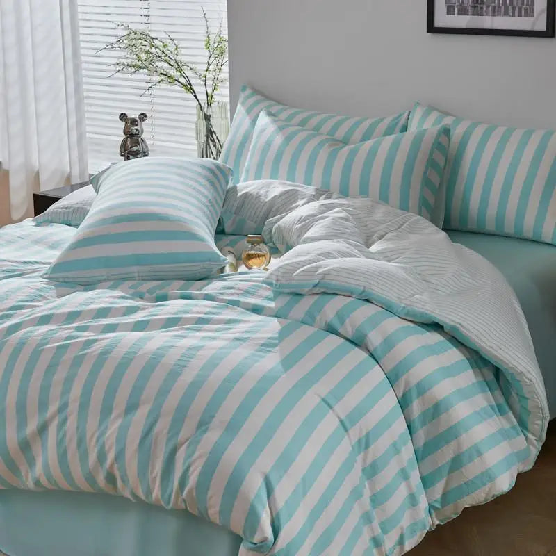 Ocean Blue Boho Striped Microfiber Bedding Set – 4-Piece Soft & Cozy Duvet Cover Set with Pillowcases & Flat Sheet