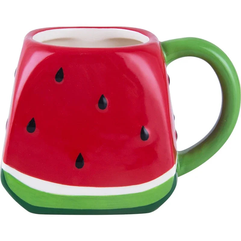 Watermelon-shaped mug with a green handle on a white background Creative watermelon ceramic mug, kawaii coffee and milk cup with hand-painted design, 500ml porcelain drinkware for kitchen decor