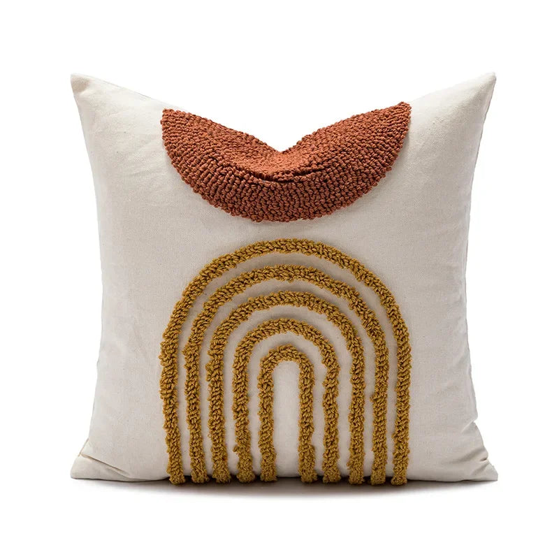 Decorative pillow with brown and gold embroidered patterns on a white background Nordic blue tufted cushion cover with geometric stripe and grid crochet pattern, tassel pillow cover for sofa, bed, and boho home decor